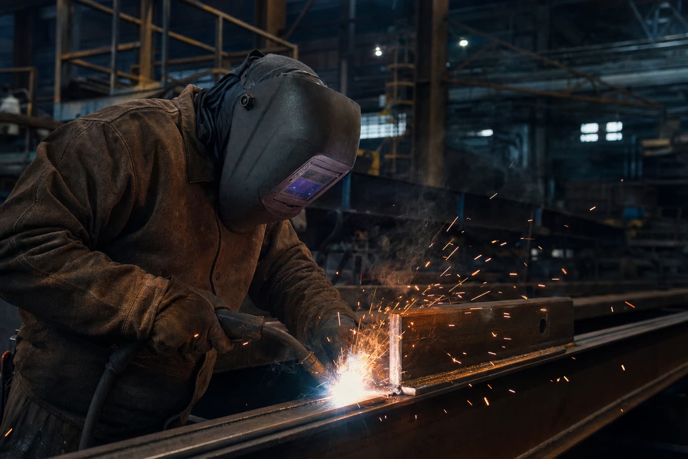 Welder working in a steel construction workshop