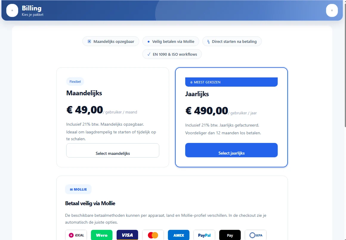Real WeldInspect Pro billing and plan screen
